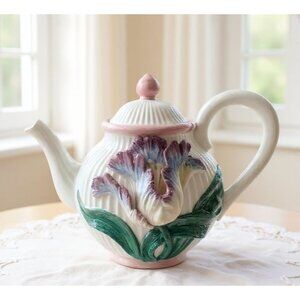 1991 Fitz and Floyd Iris 3-D Flower Teapot with Lid, Fantastic